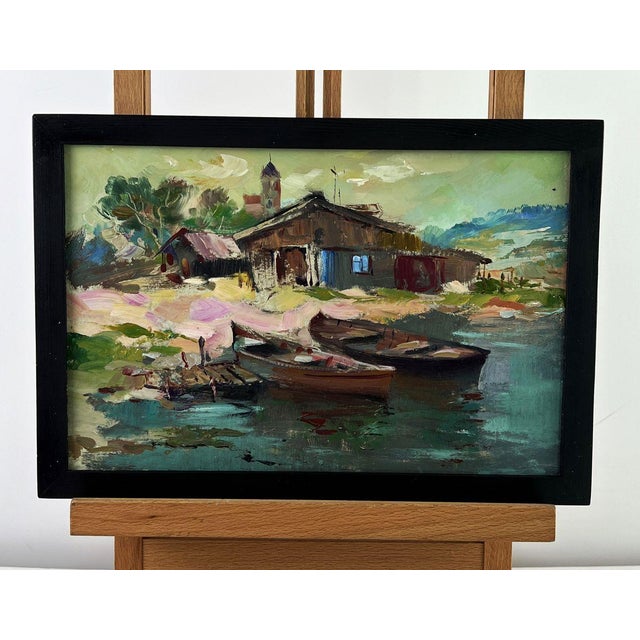 Impressionist Oil Painting Small Boat Dock Yuriy Suprunchuk For Sale - Image 3 of 11