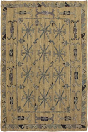 1990s Embroidered Turkish Ikat Kilim Wool Rug- 5′4″ × 6′6″