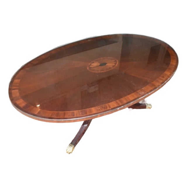 Vintage Oval Inlaid Mahogany Coffee Table With Glass Top, Brass Claw Feet, 1950s For Sale