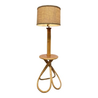 Restored Mid Century Bent Rattan Floor Lamp With Side Table Base and Hemp Shade For Sale