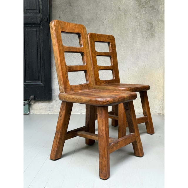 Modern Pair of Vintage Hand-Carved Modernist/Brutalist Ladder-Back Chairs For Sale - Image 3 of 12