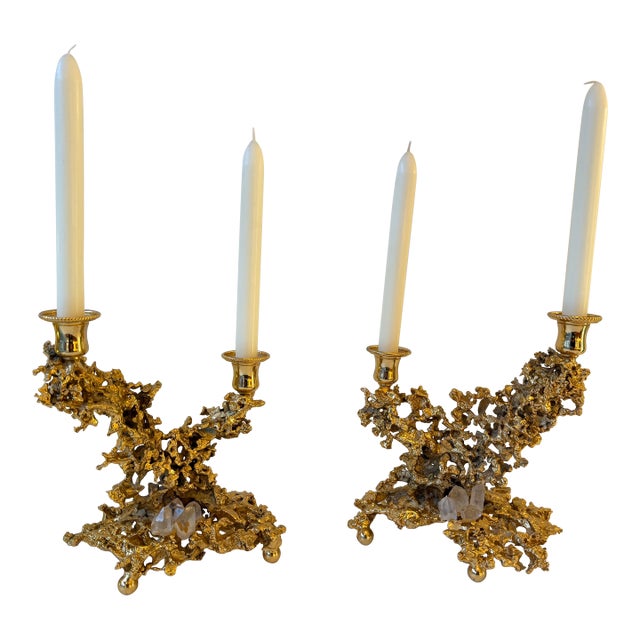 Pair of Gilt Bronze and Quartz Candlesticks by Boeltz, France, 1970s For Sale