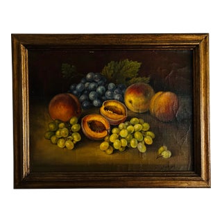 1940s Still Life Oil Painting on Linen of Peaches and Grapes in Gold Frame For Sale