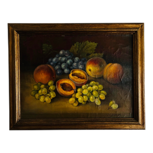 1940s Still Life Oil Painting on Linen of Peaches and Grapes in Gold Frame