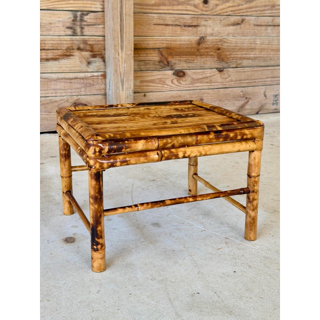 Vintage British Colonial Coastal Scorched Bamboo Stool or Decorative Accent Table For Sale - Image 10 of 11