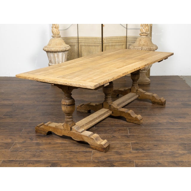 19th Century French 19th Century Bleached Oak Farm Table with Trestle Base and Baluster Legs For Sale - Image 5 of 12