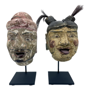 Antique Burmese Carved Animated Mounted Puppet Heads