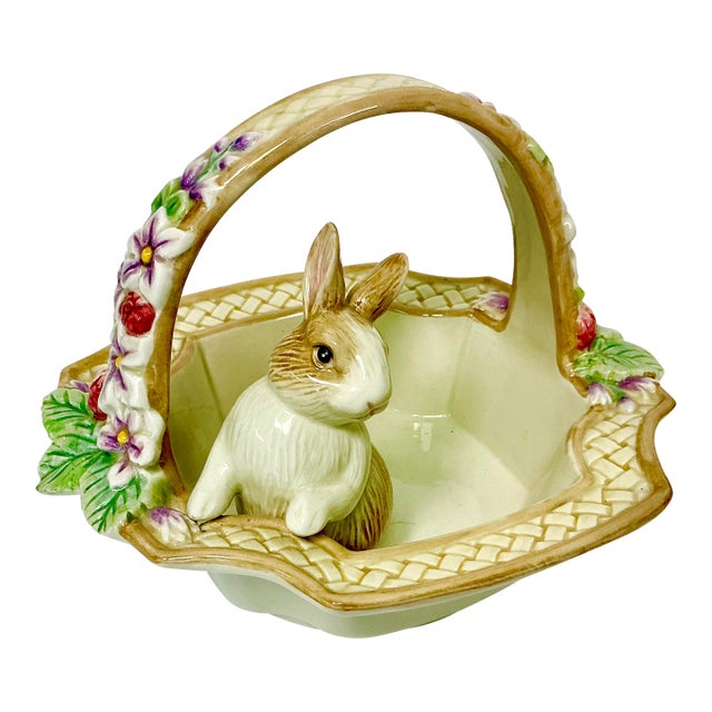 1990s Vintage Hollywood Regency Majolica Flora Bunny Jelly Bean Bowl, Fitz & Floyd Trompe L’Oeil Style For Sale