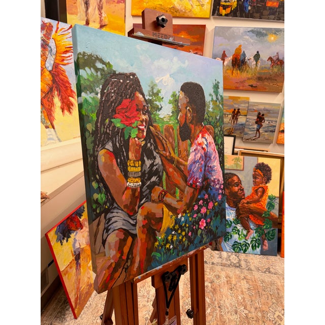 I painted Amidst the Garden's Bounty to celebrate romance, tenderness, and blooming love. The painting shows a couple...