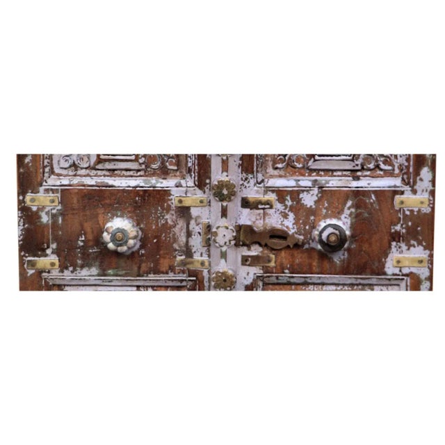 Far Pavilions Vintage Lavender Color Patina Carved Teak & Brass Window For Sale - Image 4 of 7