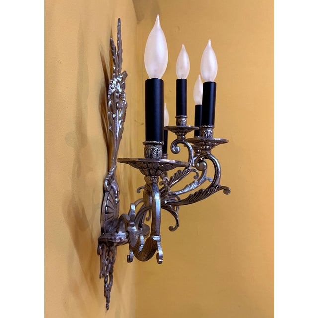 1930s Vintage Large Five-Branch Nickel-Brass Ornate Wall Sconces - a Pair For Sale - Image 5 of 13