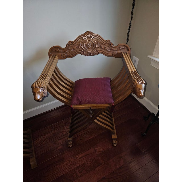 Three Piece Chess Table With Marble Top & Two 19th Century Renaissance Savonarola Chairs For Sale - Image 4 of 8