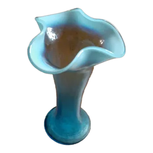 1970s Fenton Aqua Ruffled Opalescent Vase