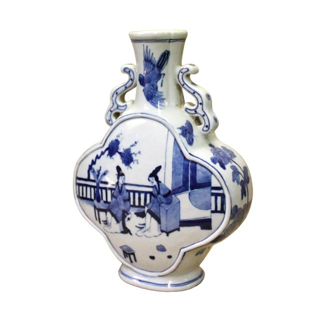 Chinese Blue White Porcelain People Theme Flower Shape Vase For Sale - Image 4 of 8