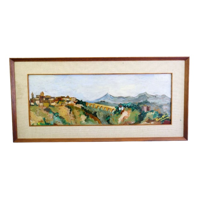 20th Century, View of a Village and Aqueduct in the Roman Countryside, 1920s, Oil Painting on Masonite, Framed For Sale