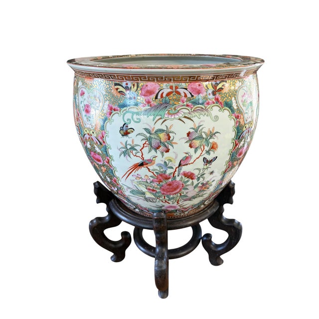 Vintage Rose Medallion Jardiniere/Cache Pot /Planter W/Stand 23" H For Sale - Image 4 of 10