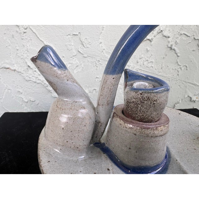1970s Mid-Century Studio Art Pottery Pouring Vessel – Blue & Beige Stoneware Cruet Form For Sale - Image 5 of 11