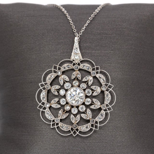 Art Deco Exquisite Platinum Flower Pendant With Authentic Earth Mined Diamonds and Chain For Sale - Image 3 of 6
