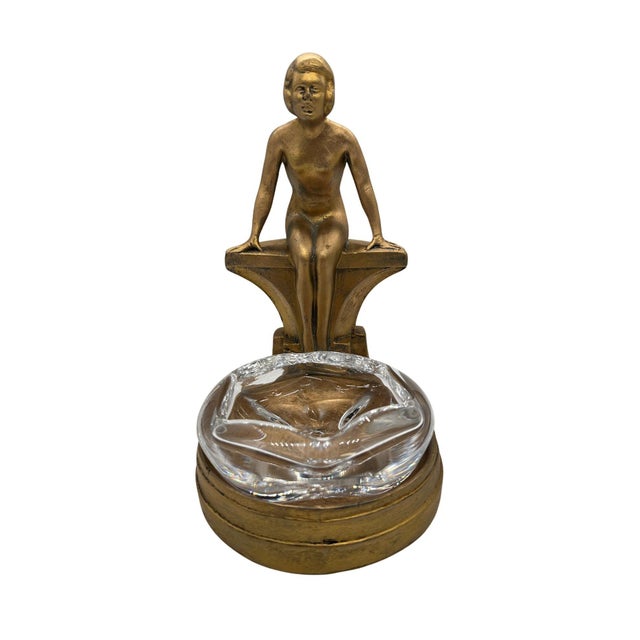 Art Deco Art Deco Nude Woman Seated at Pool Bronze & Crystal Sculpter Ashtray by Nuart For Sale - Image 3 of 10