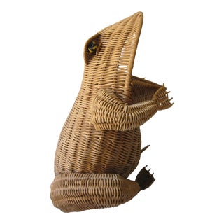 Bohemian Wicker Frog Storage Basket With Glass Marble Eyes Olivier Cajon Attrib. For Sale