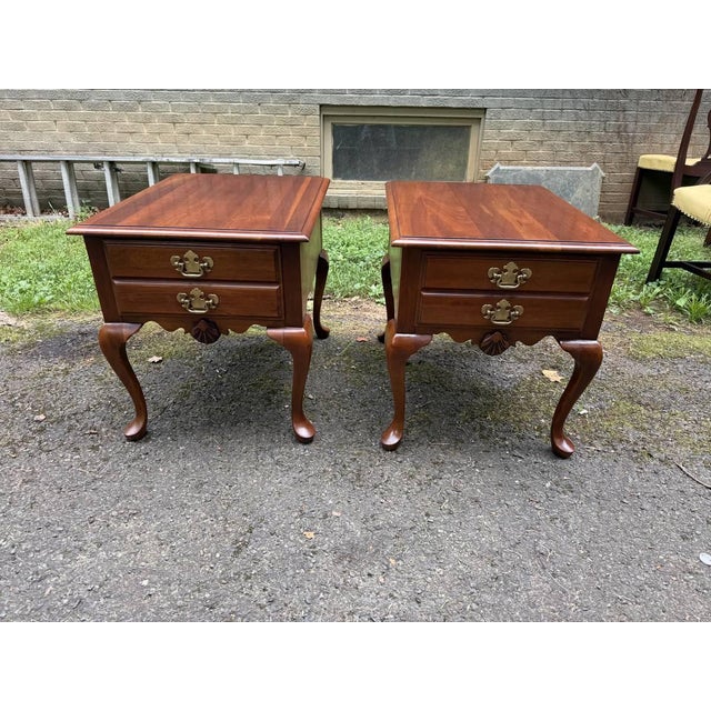 Pair of Queen Anne Style 1 Drawer Side Tables/ Nightstands, 1 drawer, cabriolet legs, brass metal, American made Solid...