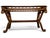 Elegant vintage console table featuring a beveled glass inset top, pierced geometric fretwork, gilt-tone rosette and...