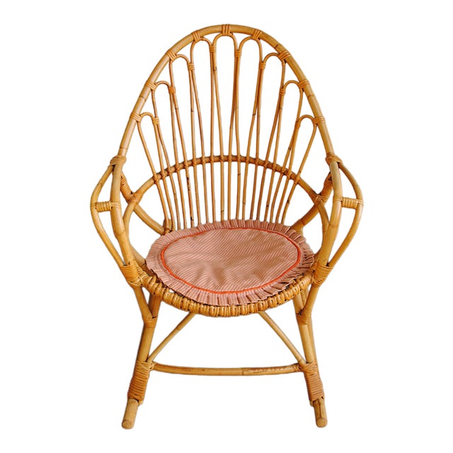 Vintage Small Adult Rattan Bamboo Fan Back Rocking Rocker Chair 1960's For Sale
