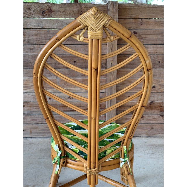 Vintage Coastal Boho Rattan Leaf Back Side Chair With Custom Tropical Cushion For Sale - Image 11 of 12