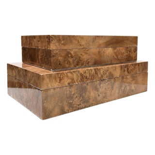 Set of 2 - Large Honey Burlwood Glossy Veneer Decorative Boxes For Sale