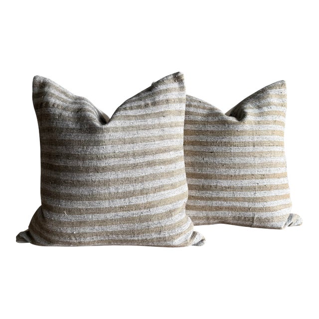 Pair of Vintage Rug Pillow Cover With Stripes For Sale