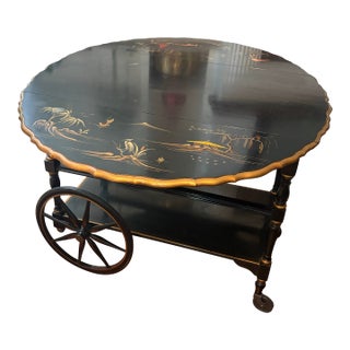 Vintage Imperial Furniture Grand Rapids Chinoiserie Bar Cart | C. 1940s | Black Lacquer, Raised Gold Chinoiserie, Drop Leaf For Sale