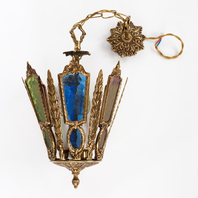Gothic 1960s Spanish Gothic Brass 3-Light Lantern With Multi-Color Stained Cathedral Glass For Sale - Image 3 of 12