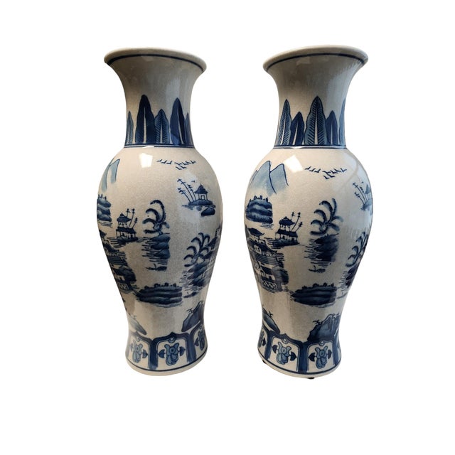 Superb pair of mid 20th century Qianlong Chinese baluster vases, both in excellent condition. Landscape motifs, large size...