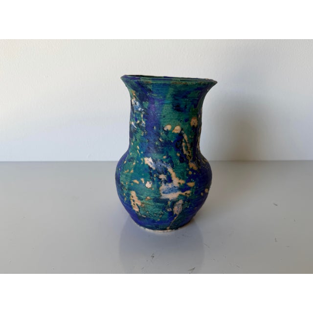 Mid-Century Modern Vintage 1980s Studio Pottery Blue & Green Drip Glaze Vase For Sale - Image 3 of 9