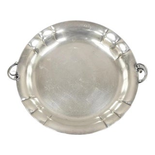 Vintage Denmark Art Nouveau Round Silver Plated Dish With Scrolling Handles For Sale