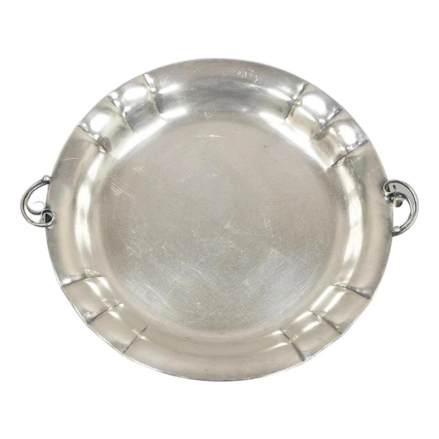 Vintage Denmark Art Nouveau Round Silver Plated Dish With Scrolling Handles For Sale