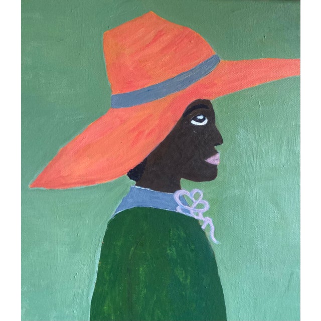 2020s Original Folk Art Style Painting of ‘Girl in Tangerine Hat’ For Sale - Image 5 of 7