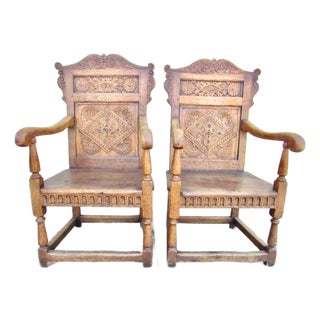 Antique Pair of English Jacobean Style Oak Armchairs For Sale