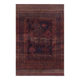 1875s Blue Navy Geometric Tribal Afghan Baluch Main Rug 5' X 7' Handknotted Wool Carpet For Sale