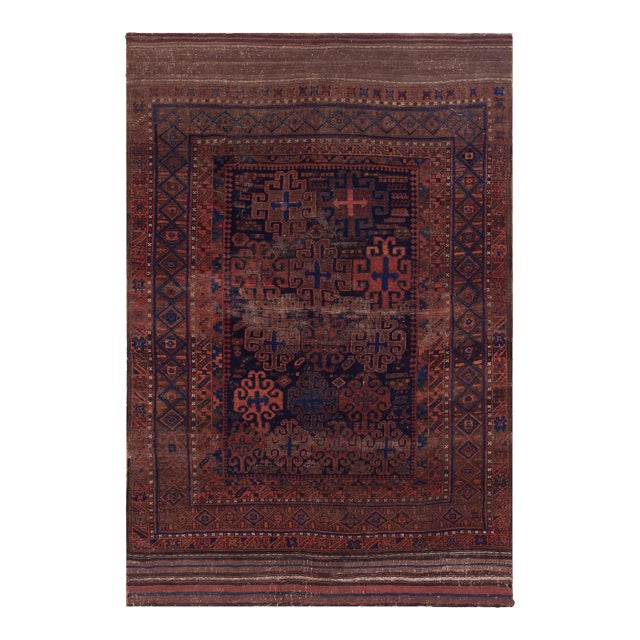 1875s Blue Navy Geometric Tribal Afghan Baluch Main Rug 5' X 7' Handknotted Wool Carpet For Sale