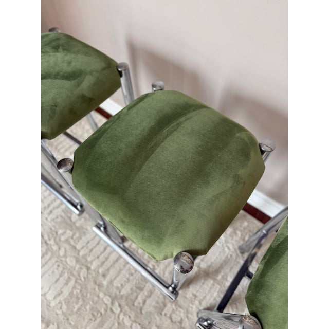 Mid 20th Century Modernist Cal-Style Chrome Counter Height Bar Stools With Velvet Green Seats - Set of 3 For Sale In Houston - Image 6 of 12