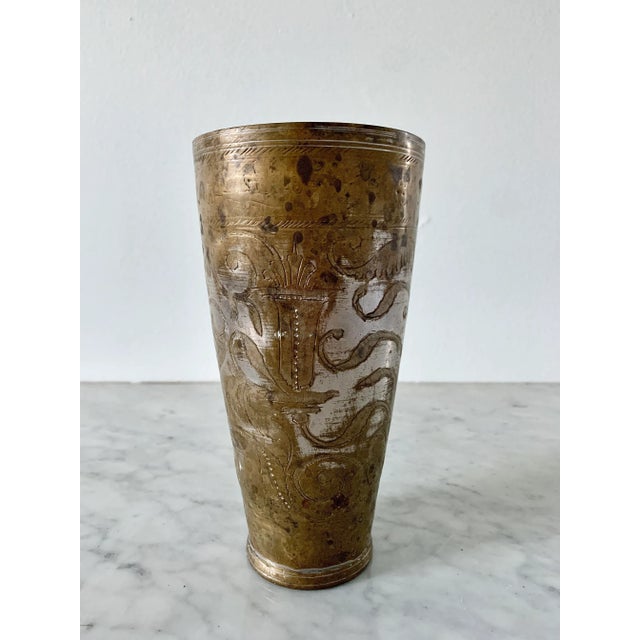 Metal Antique Indian Etched Brass Lassi Cups or Bud Vases, a Pair For Sale - Image 7 of 14