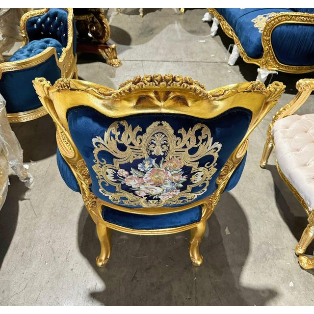 Textile Blue Bergère Wing Chair – French Style Armchair With Gold Leaf Details For Sale - Image 7 of 8