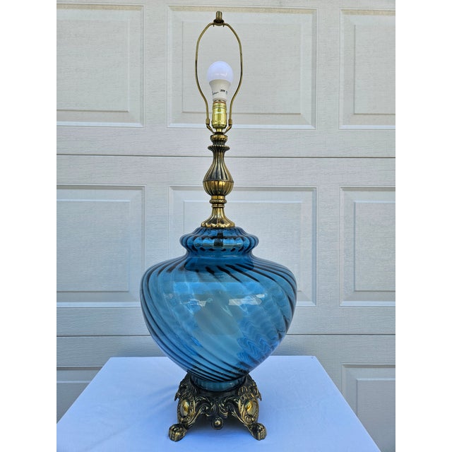 Mid Century Modern Blue Glass Oversized Table Lamp | Chairish