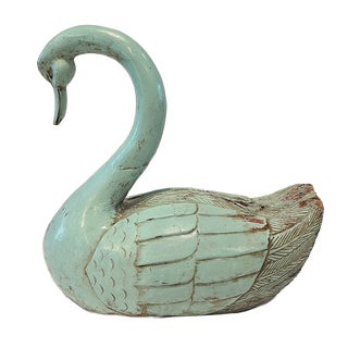 Vintage Blue Painted Folk Art Soft Wood Swan Decoy For Sale
