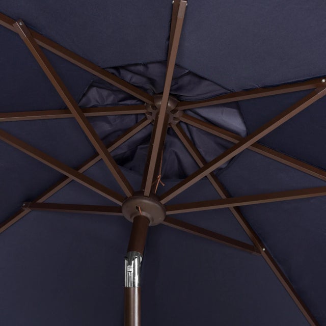 Modern Fringe 9 Ft Crank Outdoor Push Button Tilt Umbrella in Navy & White For Sale - Image 3 of 4