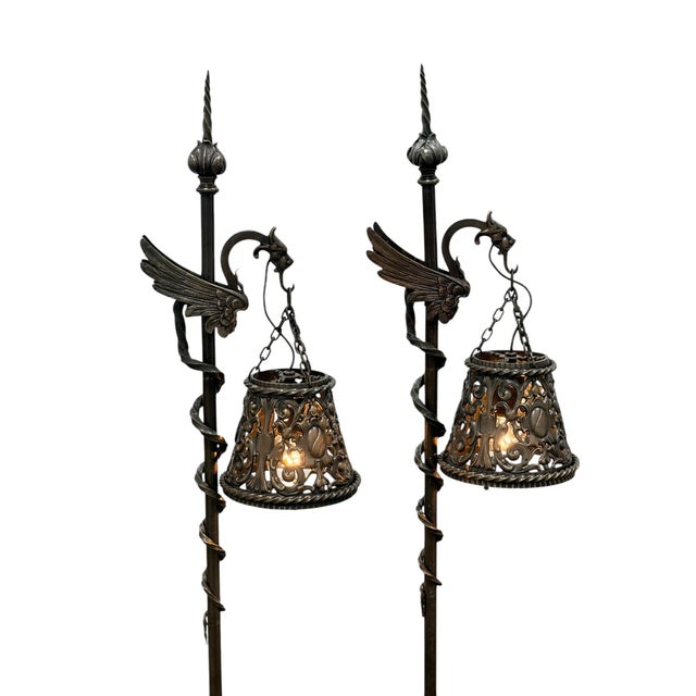 1910s Spanish Revival Cast Bronze Davenport Accent Floor Lamps with Flying Dragons, Twisted Tails - Restored Rewired For Sale - Image 4 of 16