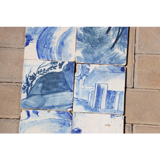 Ceramic 18th Century Portuguese Scenic Blue & White Tiles With Rural House & Foliage Motifs, Set of 6 For Sale - Image 7 of 8