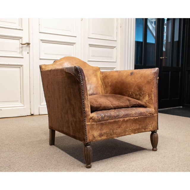 French Sheep Leather and Velvet Lounge Chair in the style of Louis Chambry, 1920s For Sale - Image 6 of 12