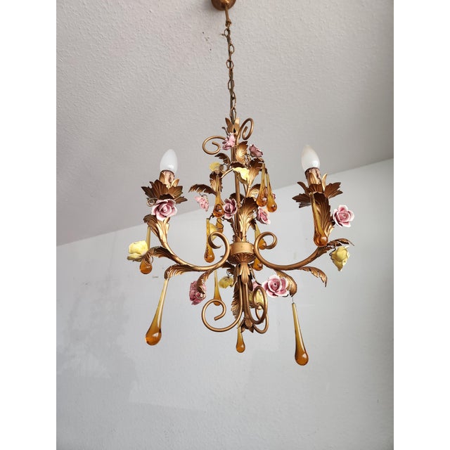 1970s Vintage Venetian Three-Light Chandelier with Murano Glass Drops, 1960s For Sale - Image 5 of 18